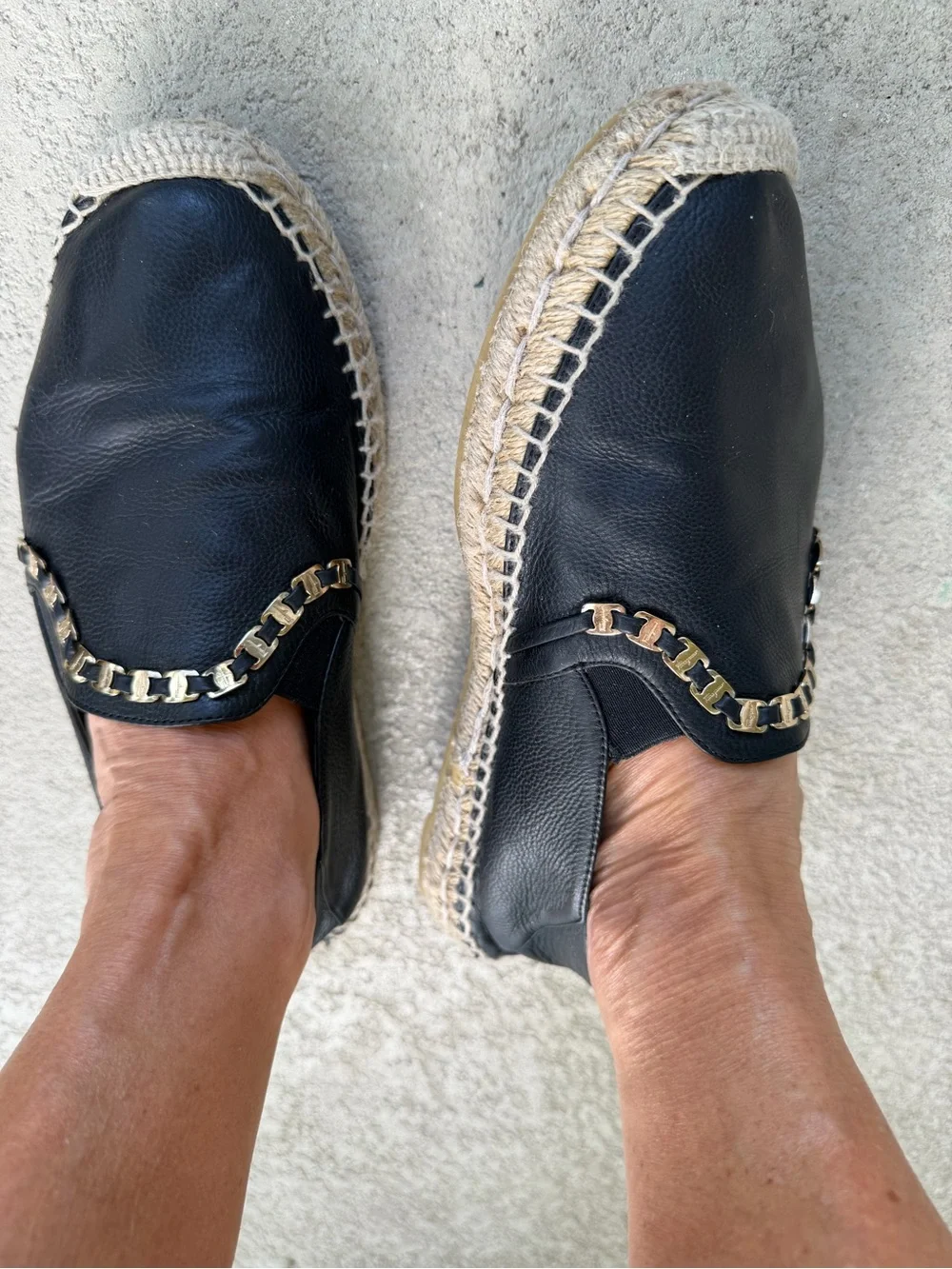 Salvatore Ferragamo Leather Chain Espadrilles 7.5C Wide Black
